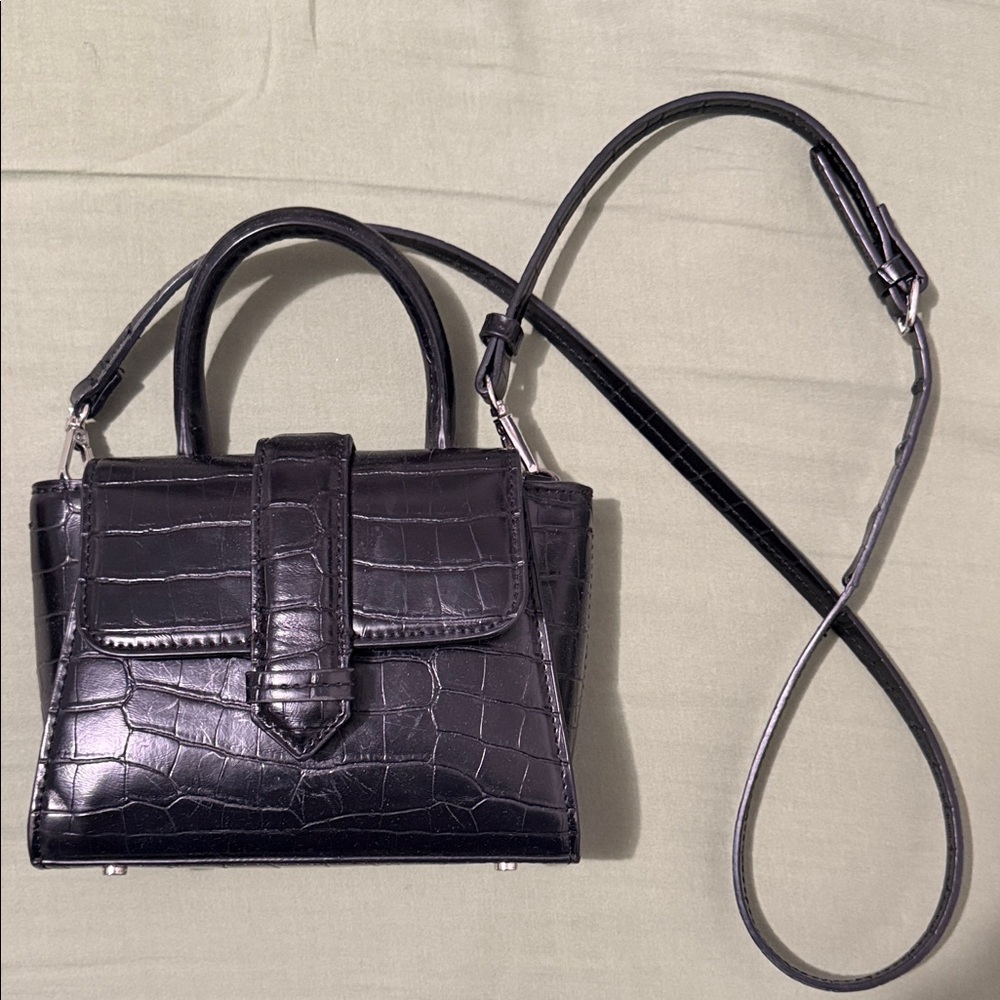 Zara Black Croc-Embossed Handbag